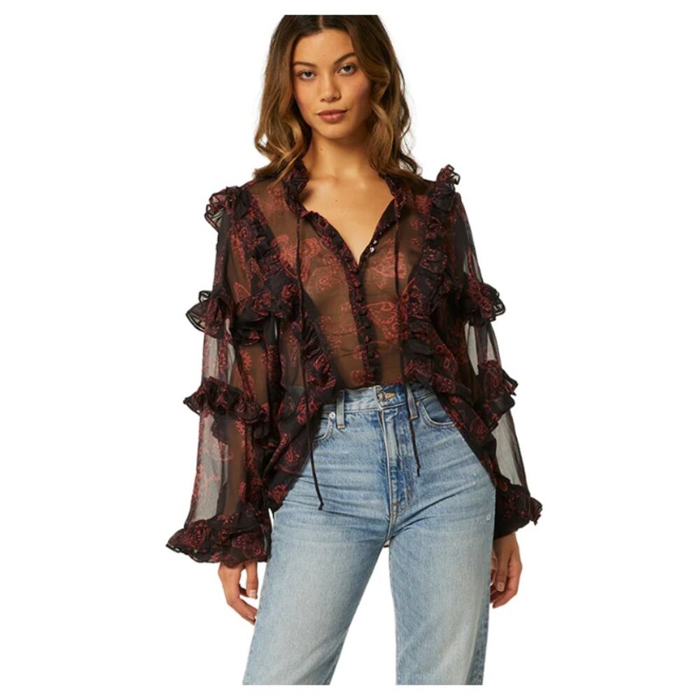 MISA Los Angeles Frida Butterfly Sheer Blouse Ruffle Puffy Sleeves sz XS X-Small - Picture 3 of 13